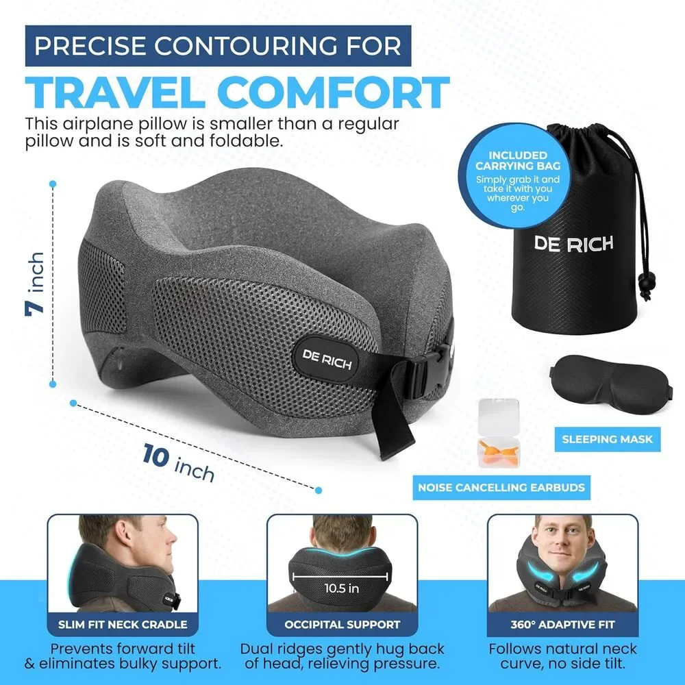 Travel Neck Pillows with Washable Cover, eye mask and earplugs – Gray